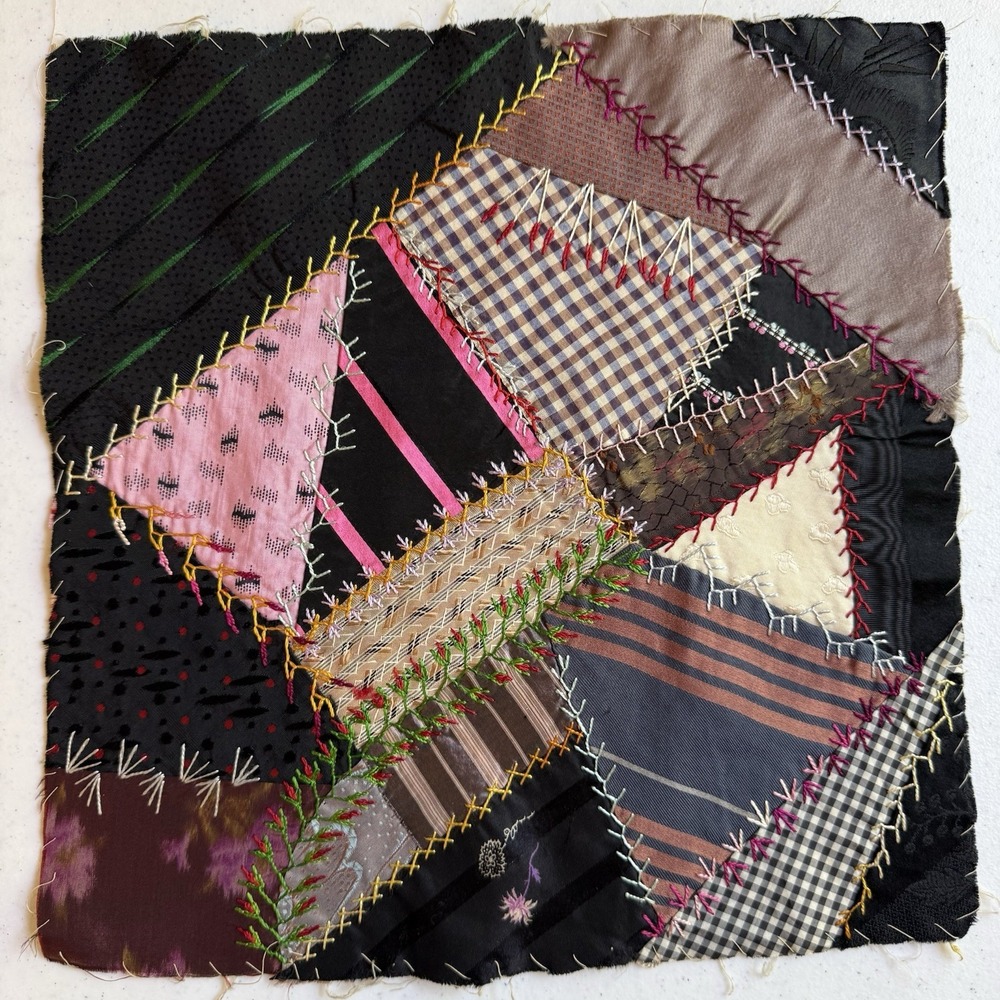 Antique Victorian Crazy Quilt Block Silk Velvet Embroidered Hand Stitched 12x12